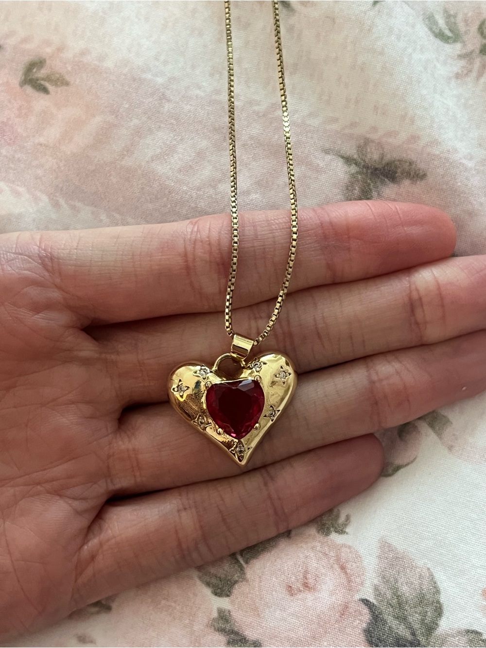 Gold Heart Pendant Necklace with Red Gem